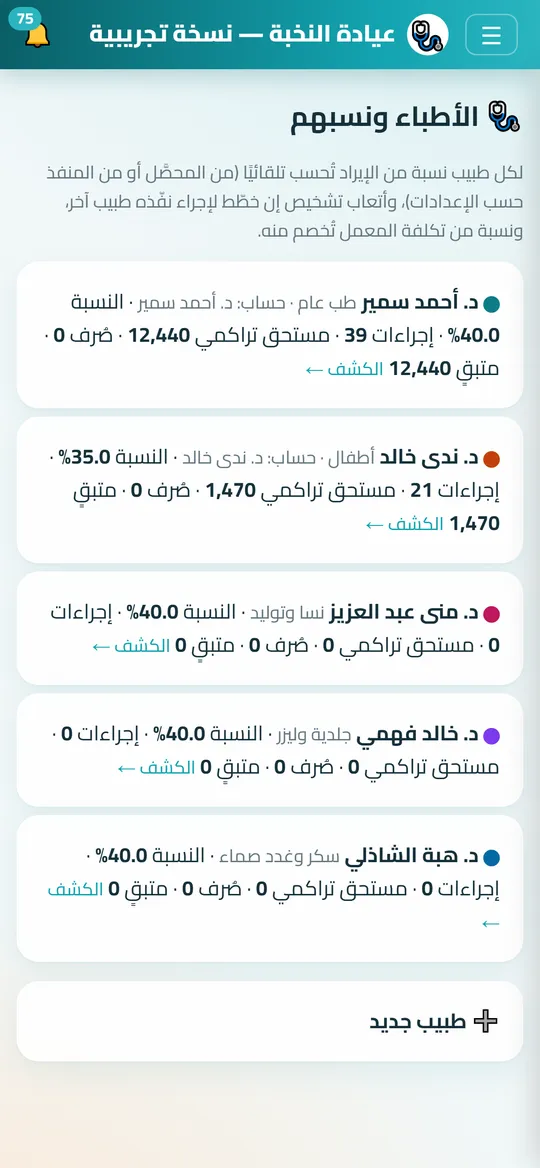 شاشة الأطباء ونسبهم في Dafrix (المراكز الطبية) ببيانات تجريبية