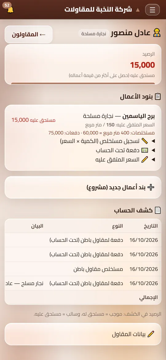 شاشة مقاول الباطن في Dafrix (المقاولات) ببيانات تجريبية