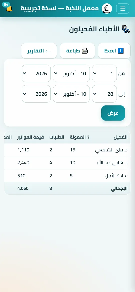 شاشة المُحيلون في Dafrix (معامل التحاليل) ببيانات تجريبية