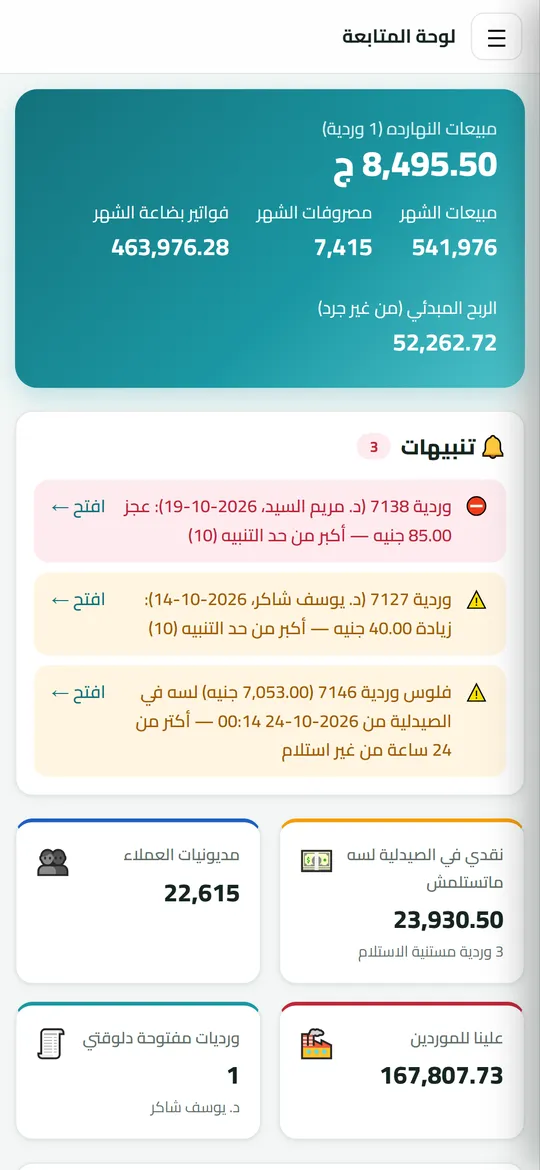 شاشة Dafrix لـالصيدليات ببيانات تجريبية