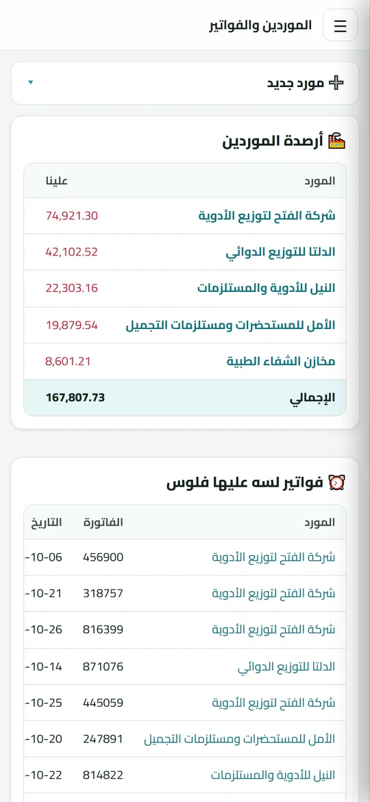 شاشة الموردين في Dafrix (الصيدليات) ببيانات تجريبية