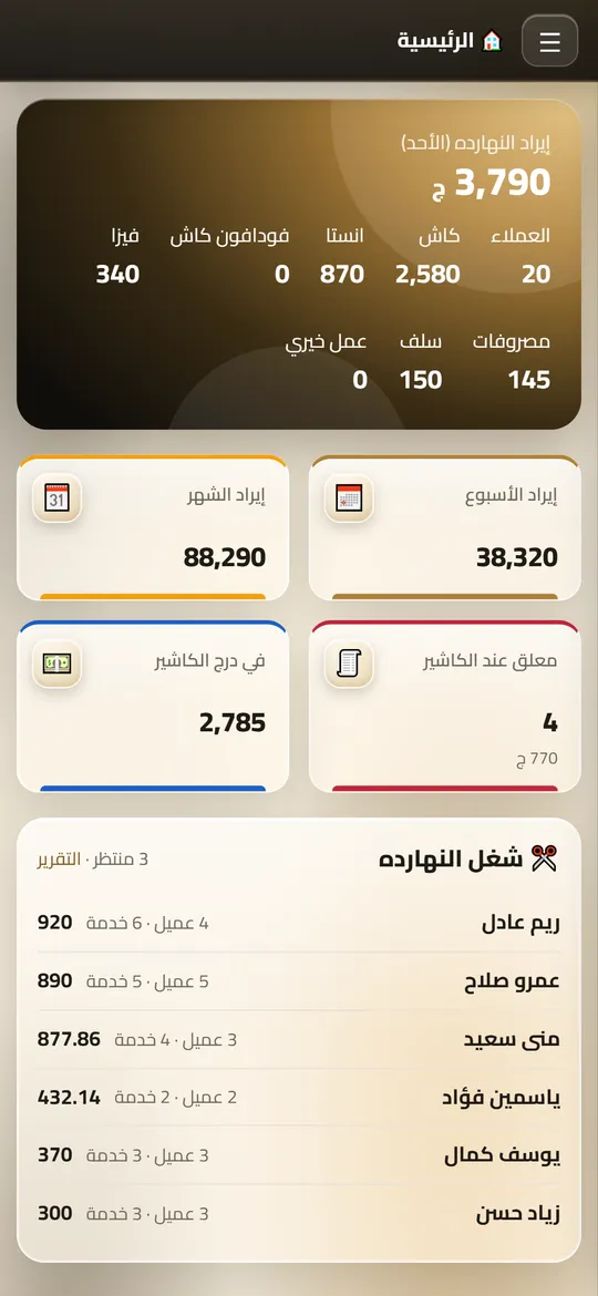 شاشة Dafrix لـالكوافير ببيانات تجريبية